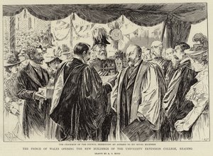 El Príncipe de Gales inaugurando los nuevos edificios del University Extension College, leyendo de Alexander Stuart Boyd